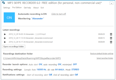 MP3 Skype recorder window